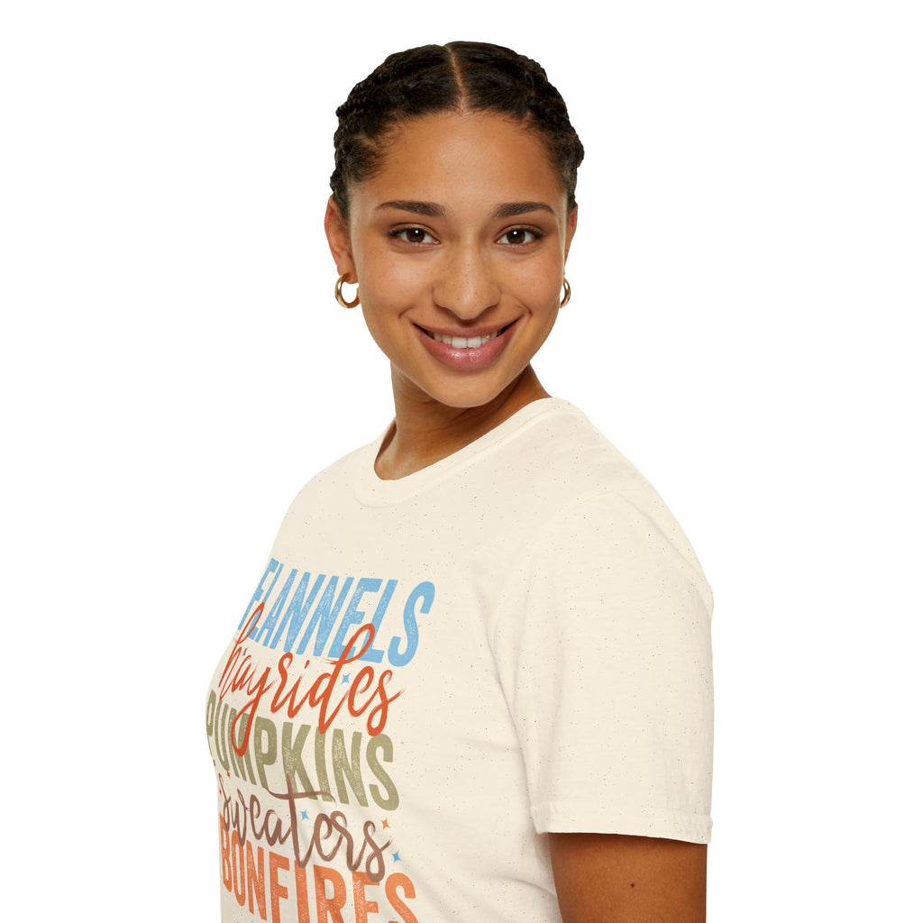 Fall Vibes T‑Shirt — “Flannels Hayrides Pumpkins” Autumn Graphic Tee