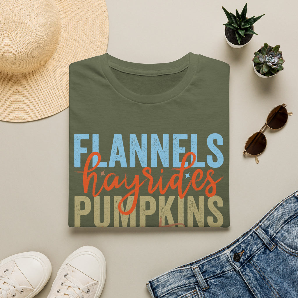 Fall Vibes T‑Shirt — “Flannels Hayrides Pumpkins” Autumn Graphic Tee