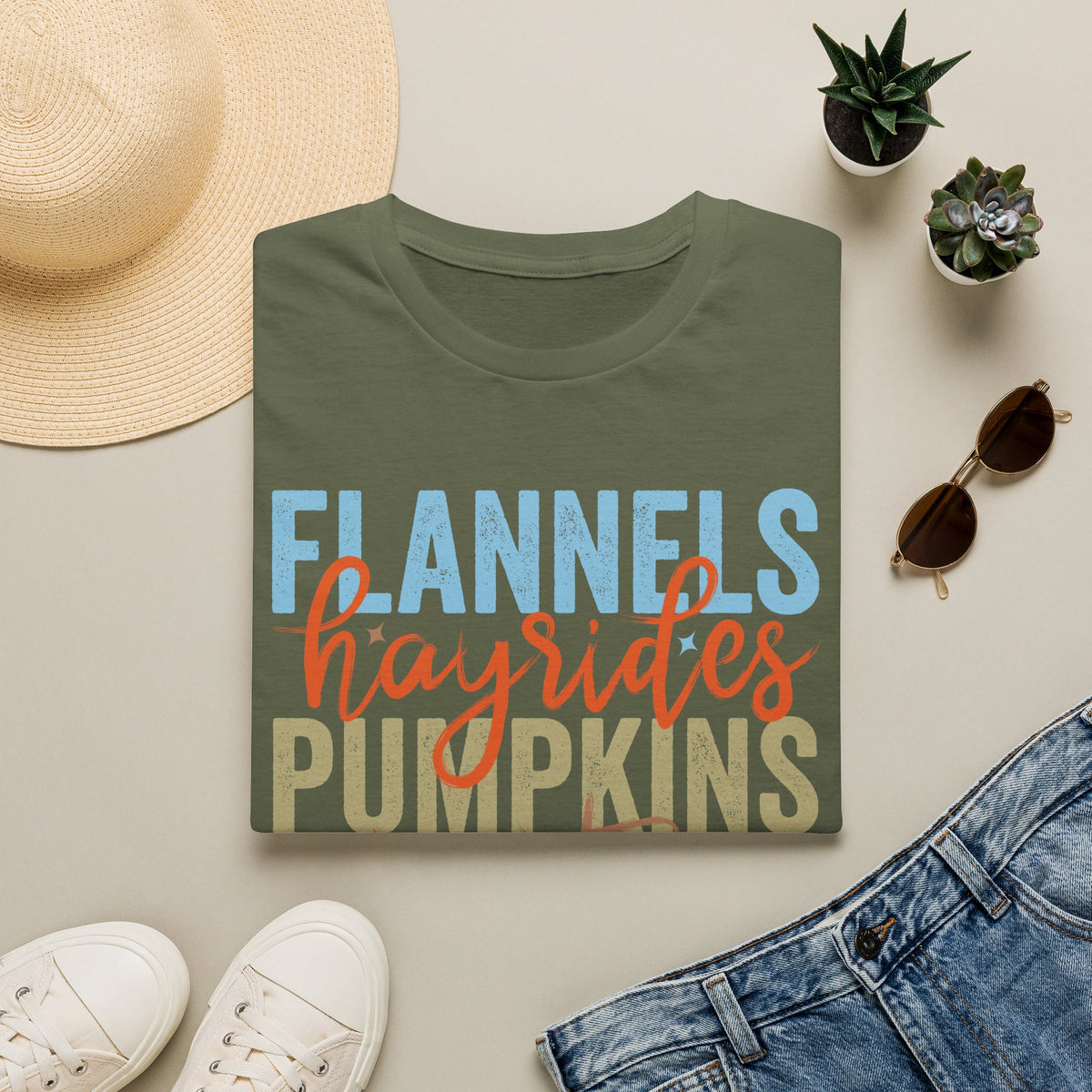 Fall Vibes T‑Shirt — “Flannels Hayrides Pumpkins” Autumn Graphic Tee