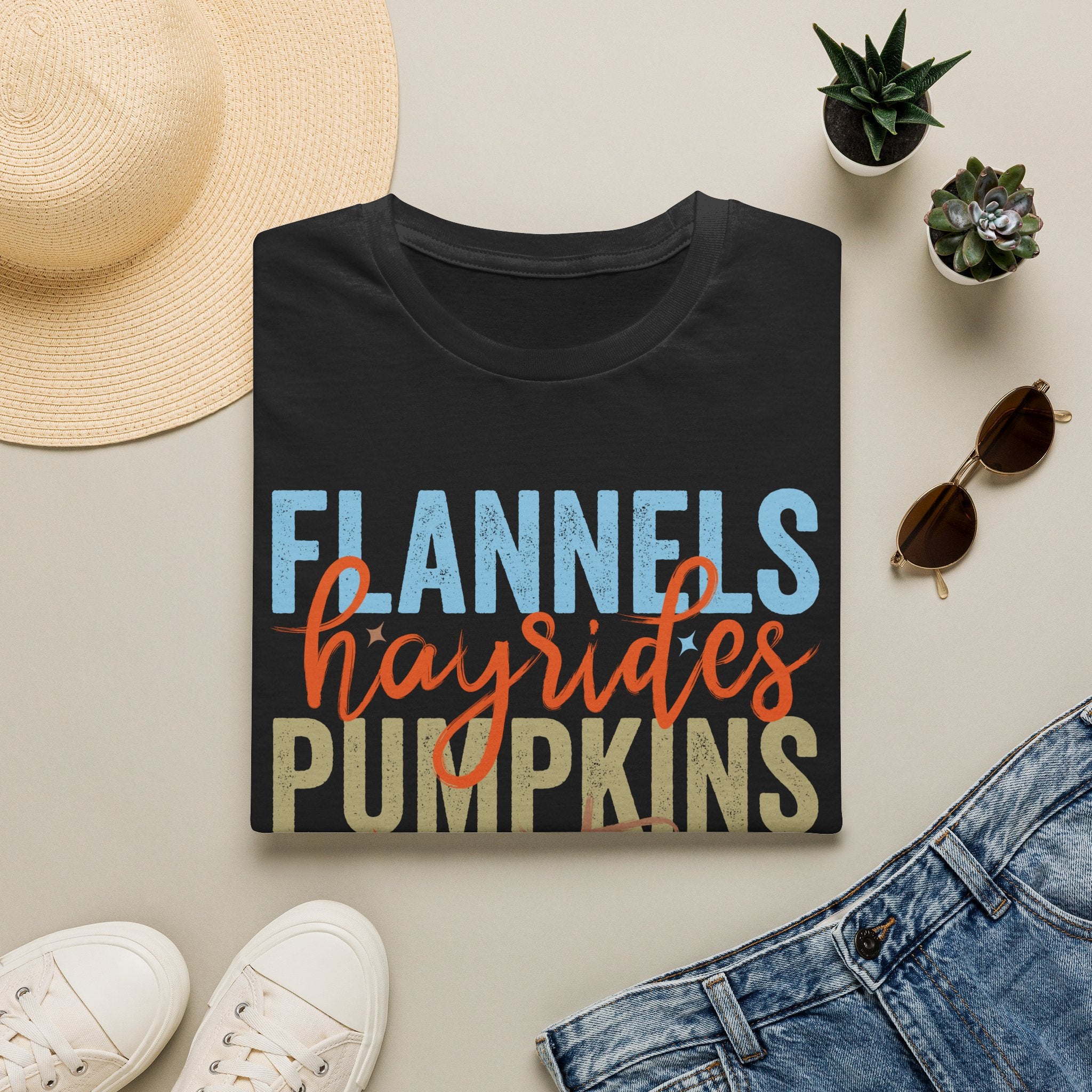Fall Vibes T‑Shirt — “Flannels Hayrides Pumpkins” Autumn Graphic Tee