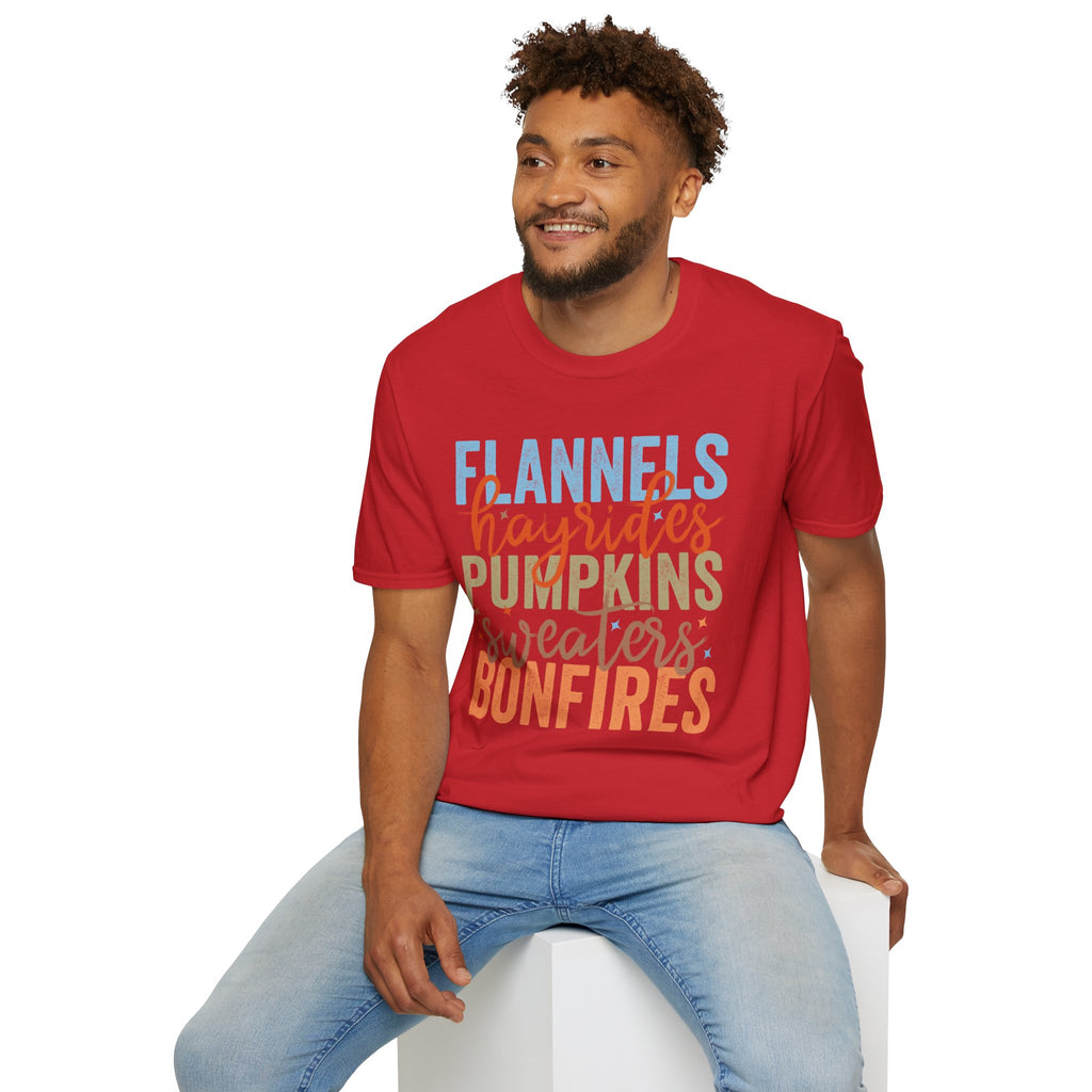 Fall Vibes T‑Shirt — “Flannels Hayrides Pumpkins” Autumn Graphic Tee