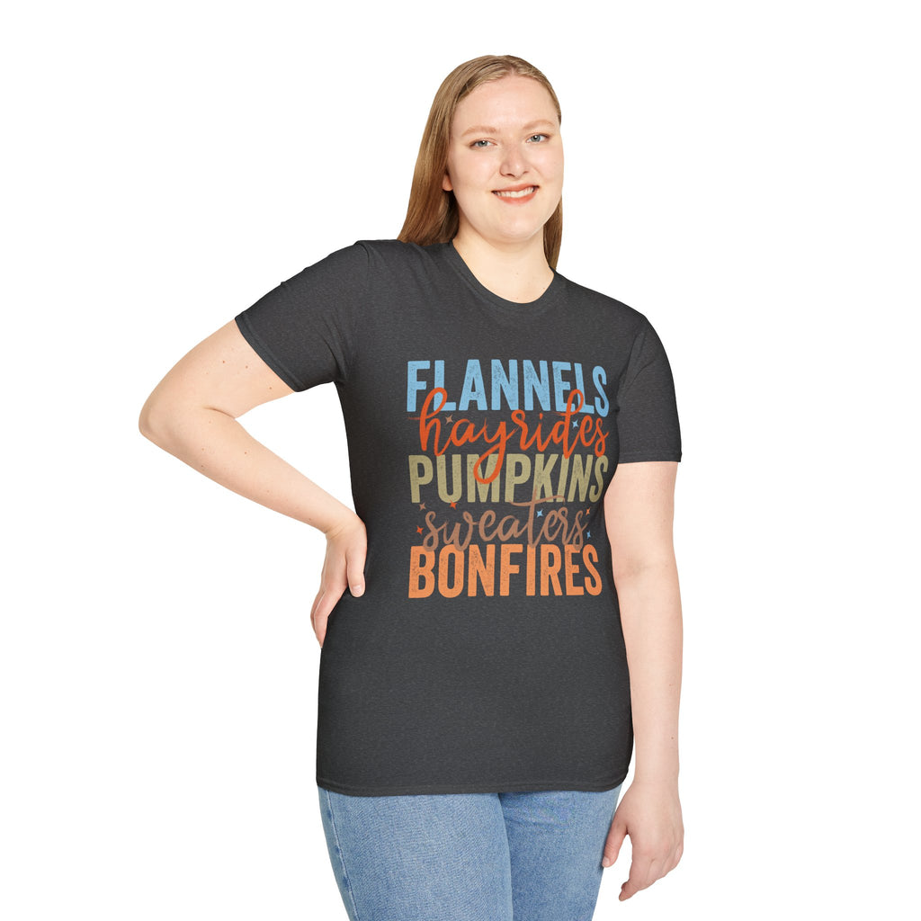 Fall Vibes T‑Shirt — “Flannels Hayrides Pumpkins” Autumn Graphic Tee