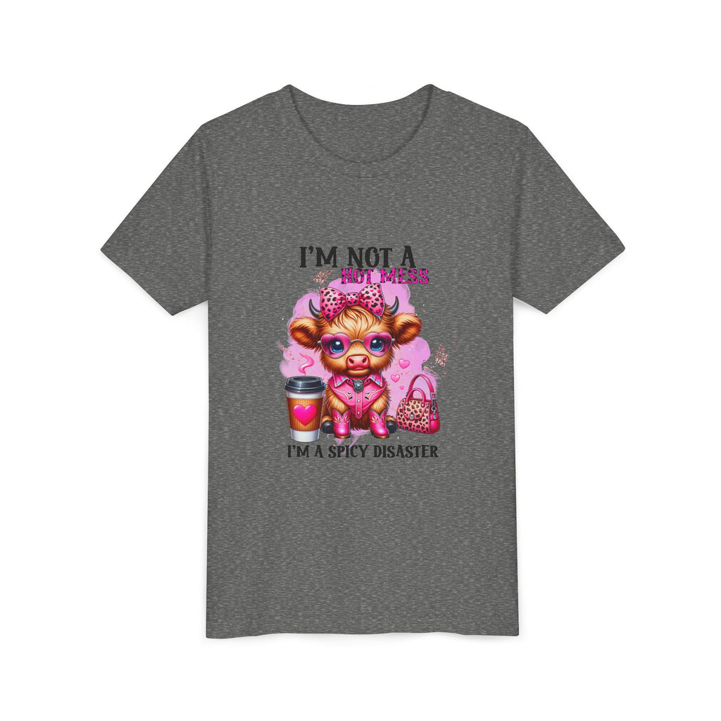 Youth Tee — "I'm Not A Hot Mess I'm A Spicy Disaster" Highland Cow