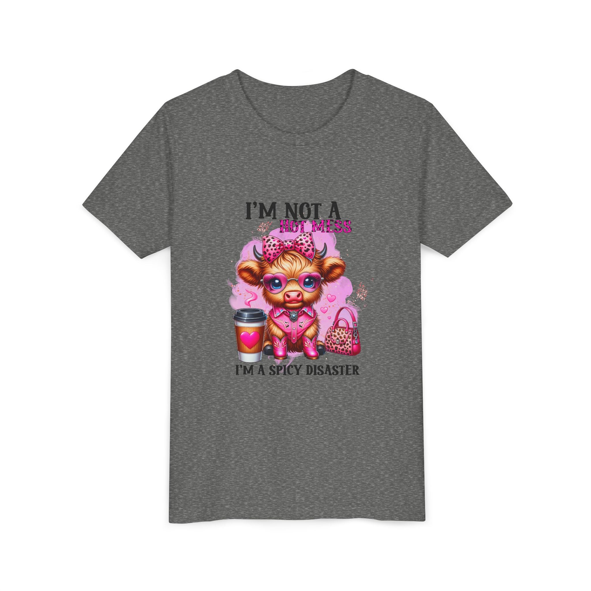 Youth Tee — "I'm Not A Hot Mess I'm A Spicy Disaster" Highland Cow