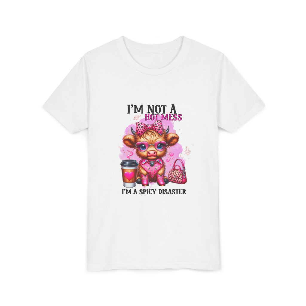 Youth Tee — "I'm Not A Hot Mess I'm A Spicy Disaster" Highland Cow