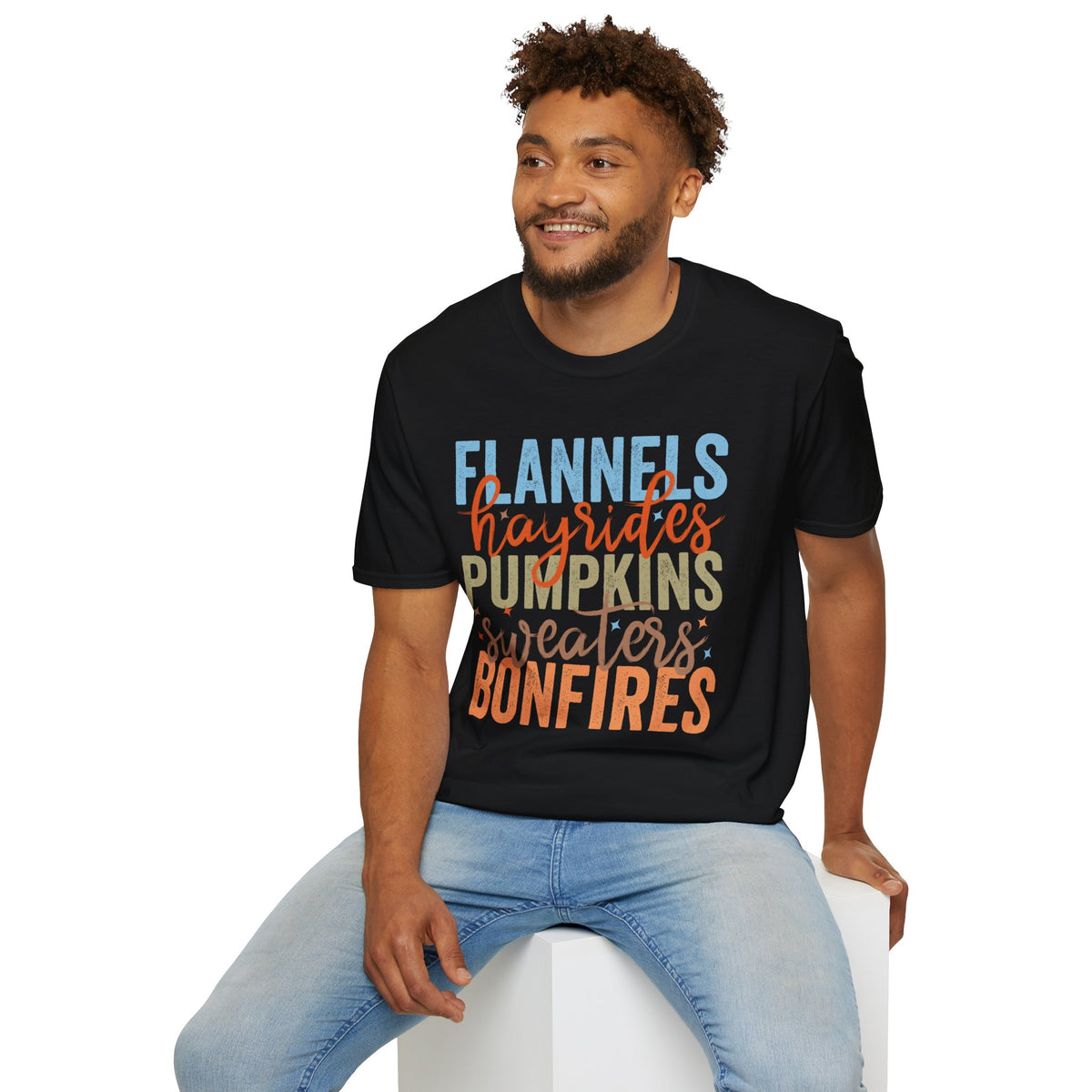 Fall Vibes T‑Shirt — “Flannels Hayrides Pumpkins” Autumn Graphic Tee
