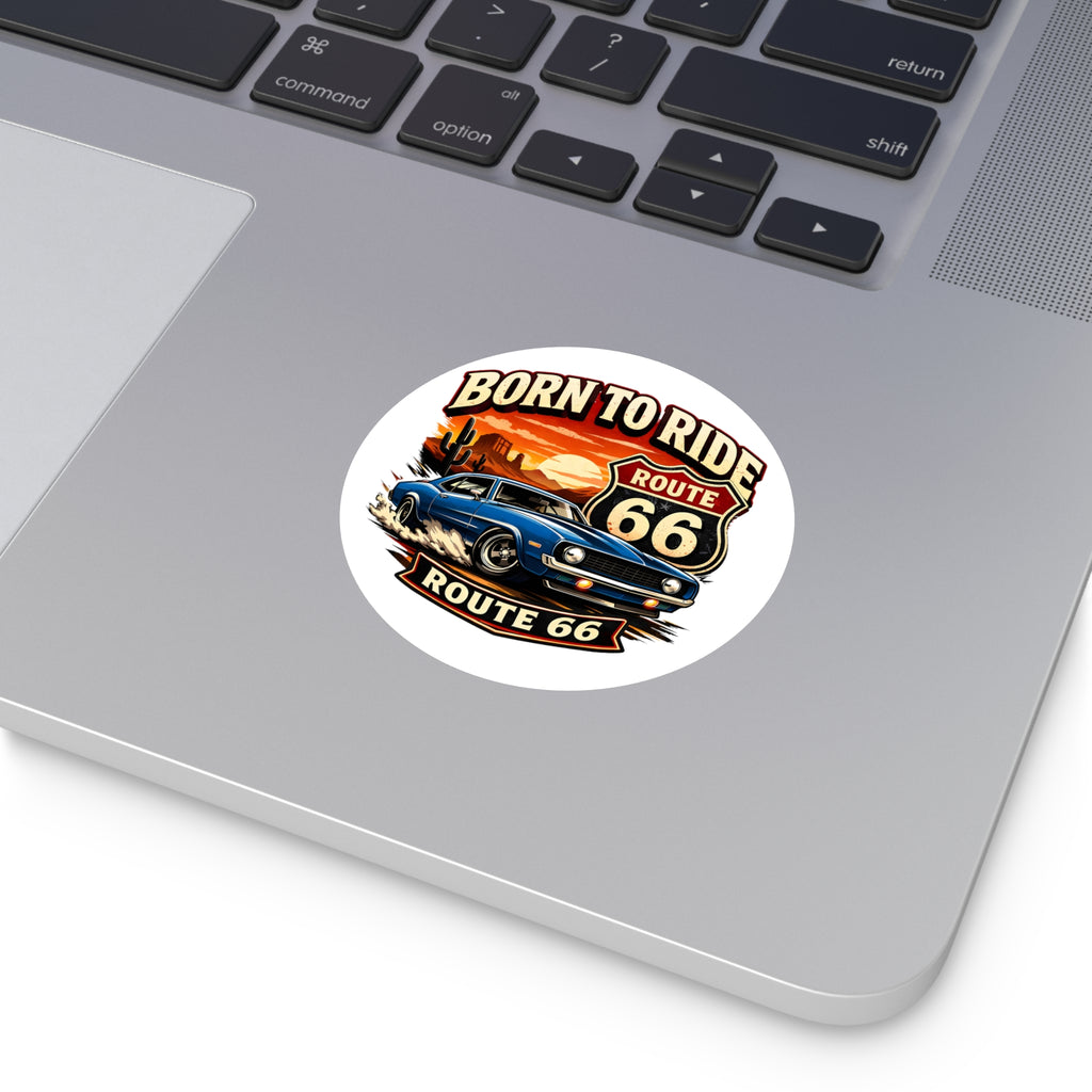 Born to Ride Route 66 Round Vinyl Sticker | Classic Muscle Car Decal