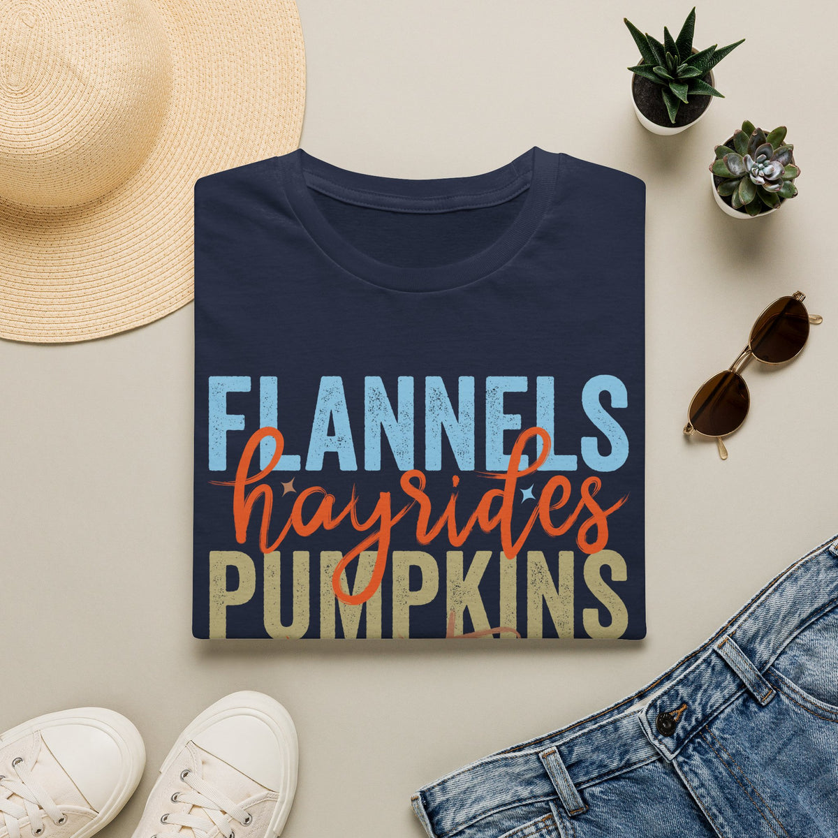 Fall Vibes T‑Shirt — “Flannels Hayrides Pumpkins” Autumn Graphic Tee