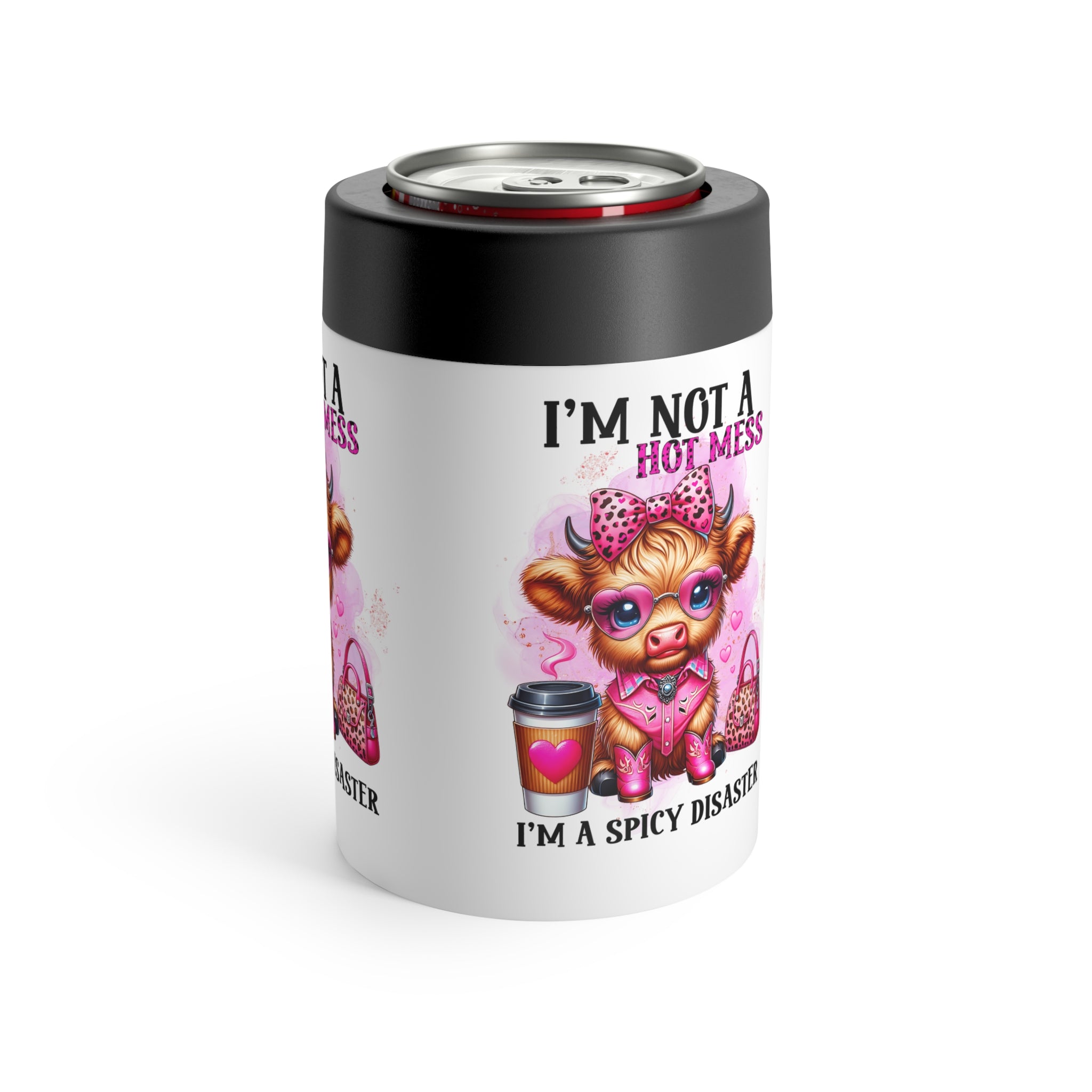 Funny 'I'm Not a Hot Mess, I'm a Spicy Disaster' Highland Cow 12oz Can Holder