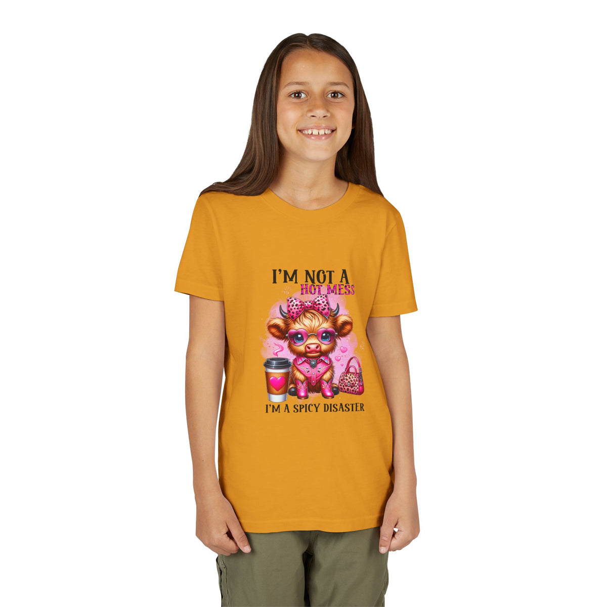 Youth Tee — "I'm Not A Hot Mess I'm A Spicy Disaster" Highland Cow