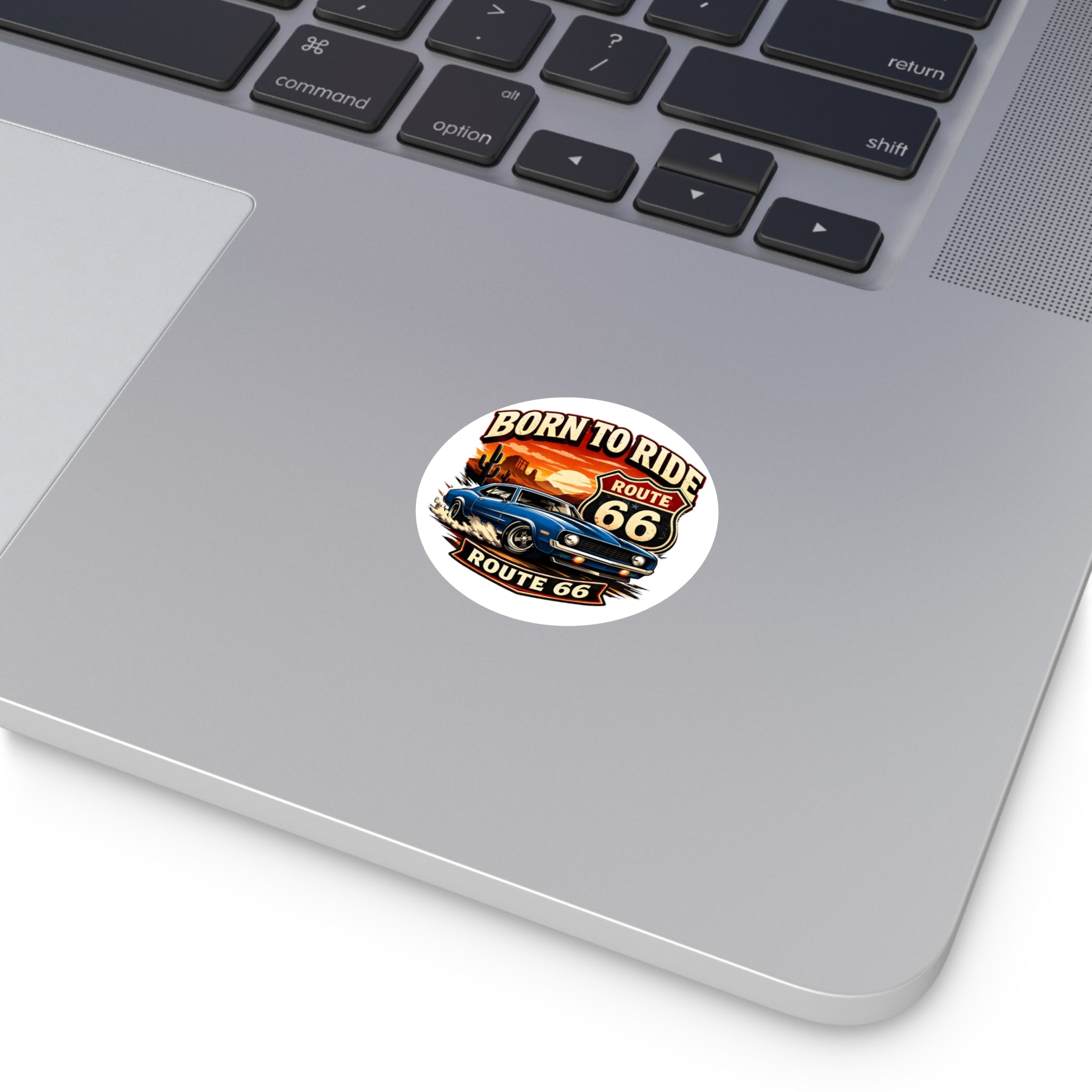 Born to Ride Route 66 Round Vinyl Sticker | Classic Muscle Car Decal